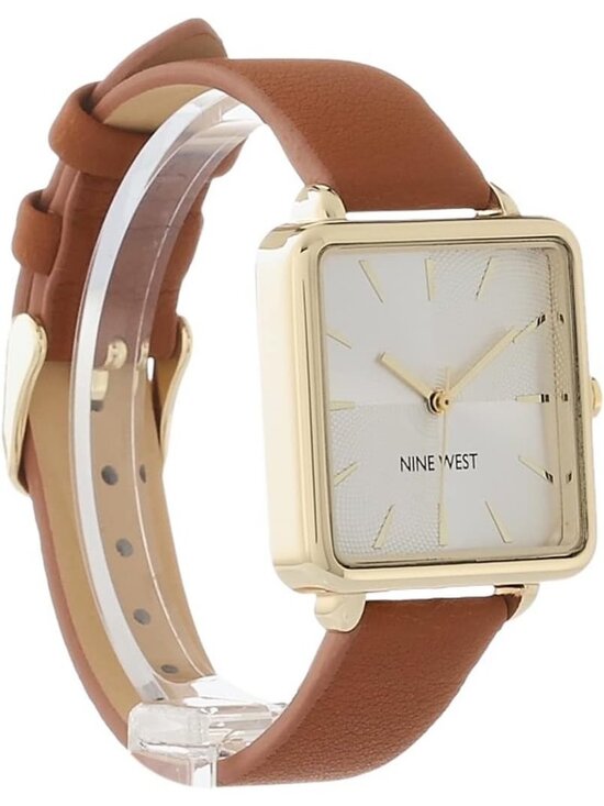 Nine West Women\'s Brown Gold Analog Quartz Solid Faux Leather Strap Square Watch main image 6